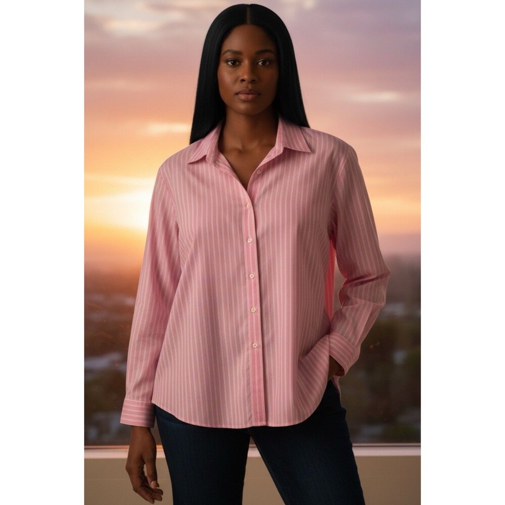 Lands’ End Women’s Size 18 Pink Long Sleeve Striped No Iron Pinpoint Oxford
